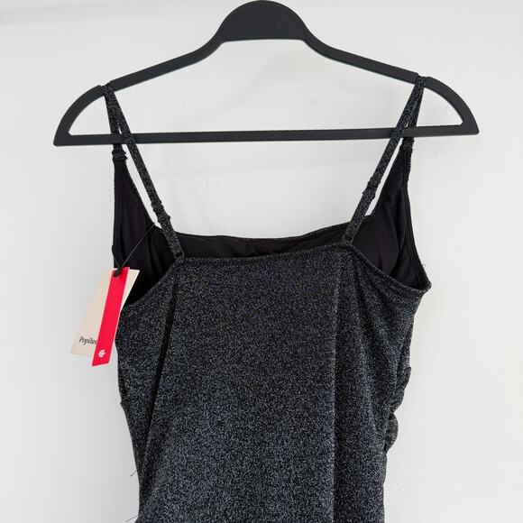 Popilush Dress Large Black Silver Metallic Knit Bodycon Slip Sparkly Glam NYE - Picture 2 of 11
